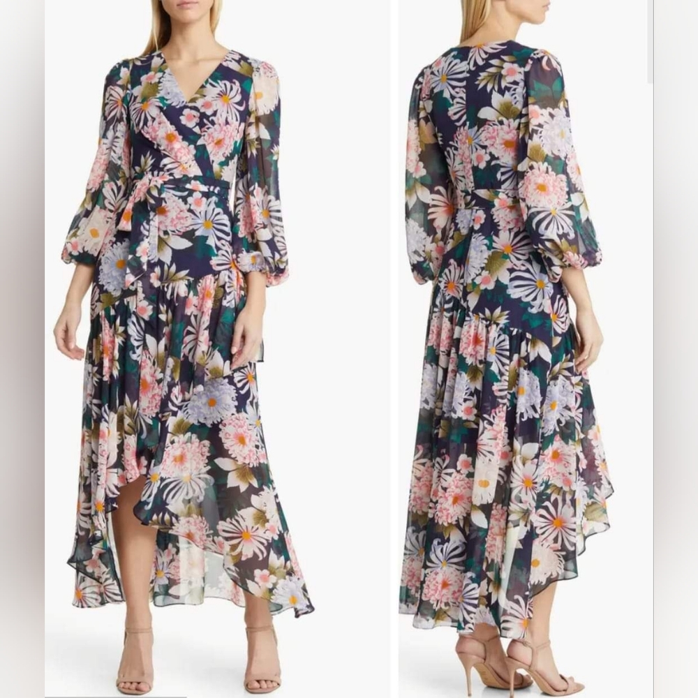 Eliza J - Floral Long Sleeve High-Low Faux Wrap Dress